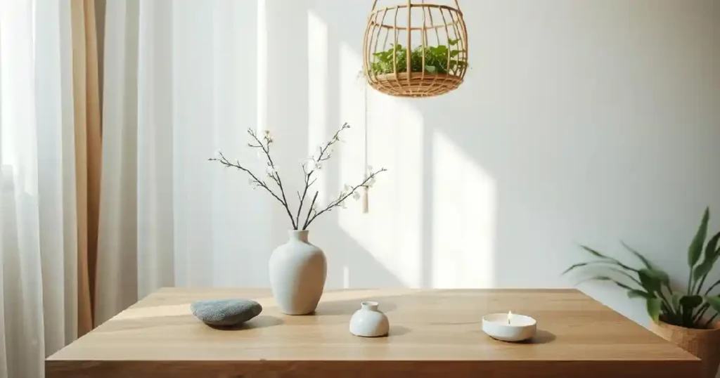 Un intérieur serein d'inspiration zen, agrémenté d'éléments naturels. La lumière du soleil filtre à travers des rideaux transparents, projetant une douce lueur sur une table en bois minimaliste.
