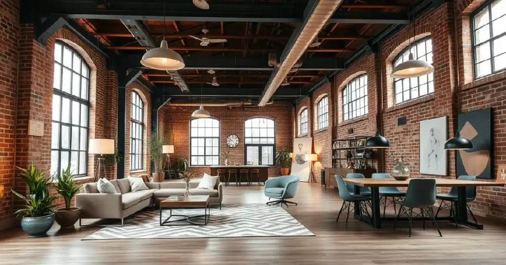 Un intérieur loft spacieux et aéré à l'ambiance industrielle chic. L'aménagement ouvert met en valeur les murs en briques apparentes, les poutres en bois chaleureuses et les touches métalliques qui créent un mélange harmonieux d'éléments rustiques et contemporains.