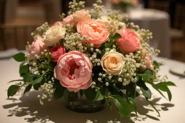 Élégante composition florale pour des fiançailles, composée d'un bouquet luxuriant de fleurs fraîches et d'un feuillage verdoyant. Composée avec art dans un style naturel et organique, la pièce maîtresse met en valeur des pivoines éclatantes, des roses de jardin et de délicates gypsophiles, le tout rehaussé d'une cascade de verdure.