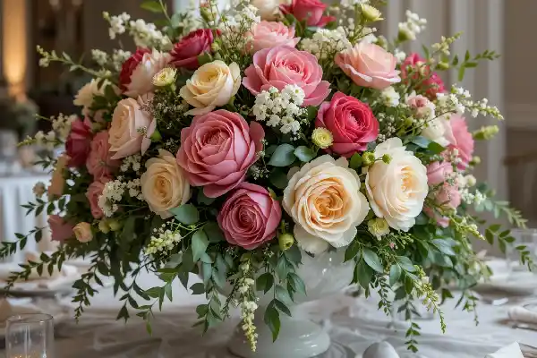 Élégante composition florale pour des fiançailles, composée d'un bouquet luxuriant de fleurs fraîches et d'un feuillage verdoyant. Composée avec art dans un style naturel et organique, la pièce maîtresse met en valeur des pivoines éclatantes, des roses de jardin et de délicates gypsophiles, le tout rehaussé d'une cascade de verdure.