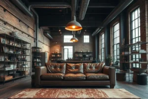 Un intérieur au style industriel épuré, avec des murs en briques apparentes, des tuyaux métalliques et des touches de bois patiné.