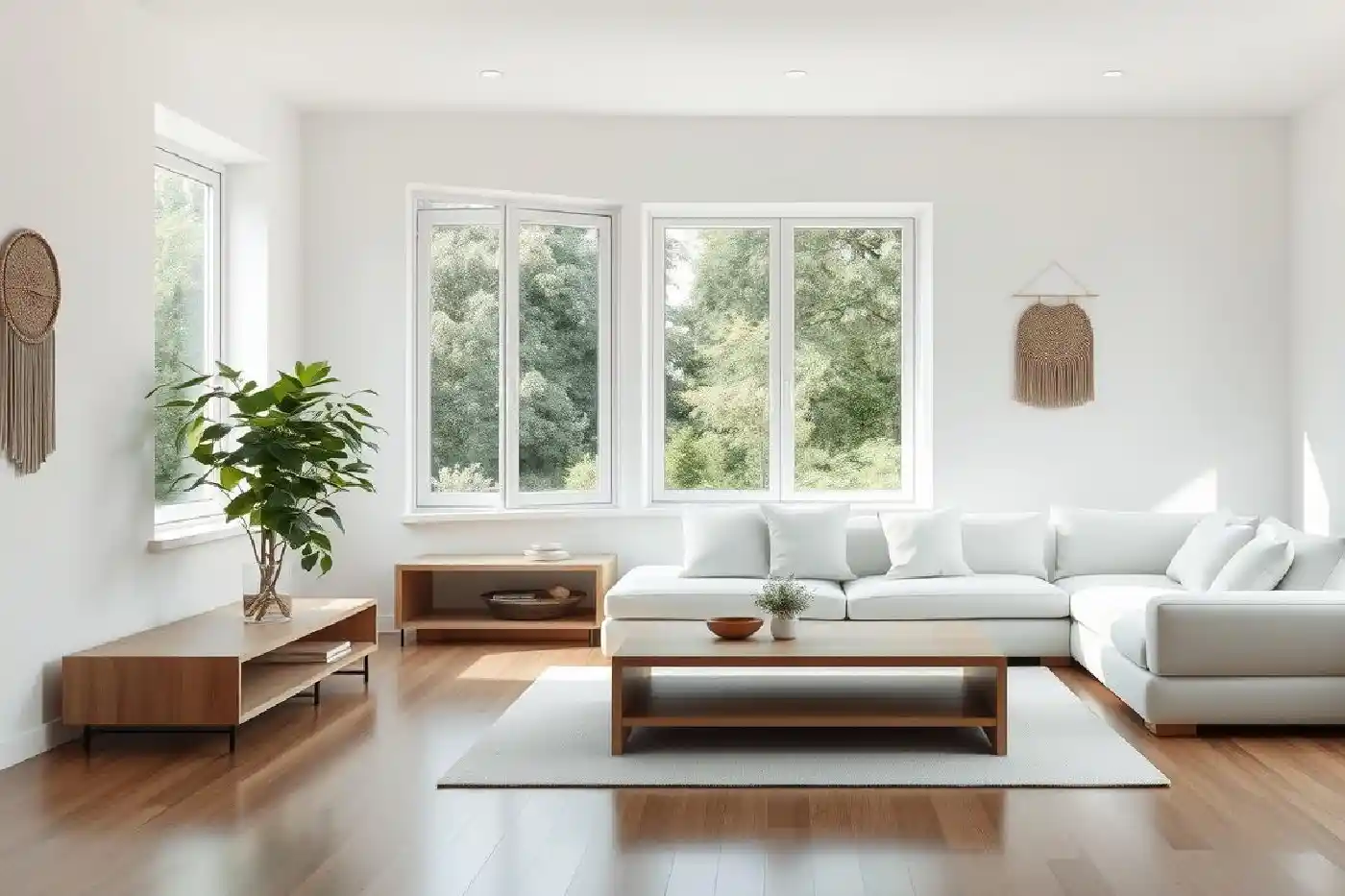 Un intérieur minimaliste à l'esthétique épurée et aérée. Une grande baie vitrée donnant sur un jardin paisible baigne la pièce de lumière naturelle.