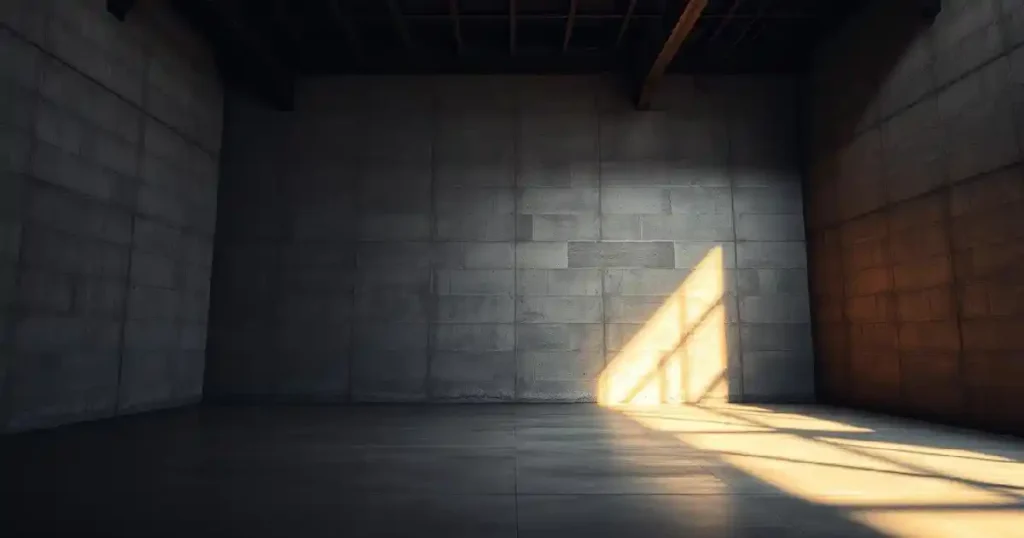 Un intérieur industriel tamisé, aux murs en béton brut et à la finition lisse et polie. Au-dessus, d'élégantes poutres et poutrelles métalliques projettent des ombres spectaculaires, créant une ambiance urbaine et tamisée.