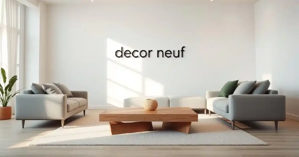 Un salon minimaliste à l'atmosphère épurée et aérée. Au premier plan, un canapé élégant et moderne aux tons sobres, mis en valeur par des coussins moelleux. Au second plan, une table basse en bois aux lignes géométriques épurées. Accrochée au mur, la marque « Décor neuf » est affichée dans une police minimaliste sans empattement.