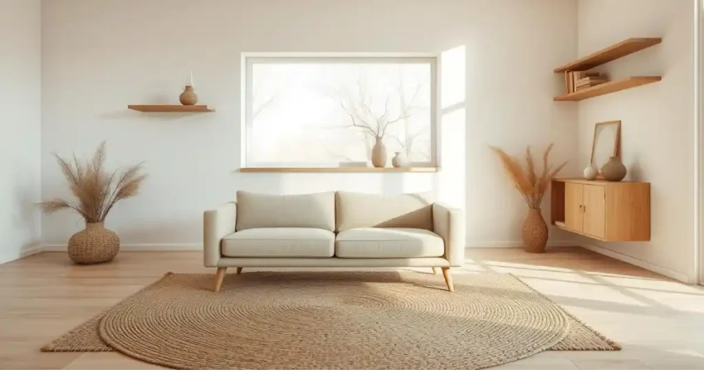 Un intérieur minimaliste aux matériaux naturels, baigné d'une lumière douce et chaleureuse. Une palette de couleurs neutres, composée de blanc, de beige et de bois, crée une atmosphère sereine et apaisante.