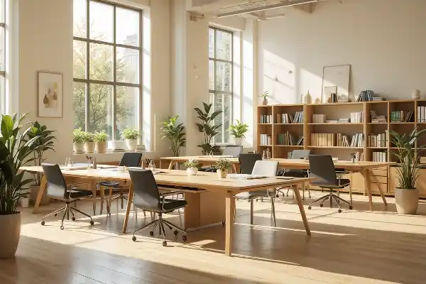 Un espace de travail bien conçu et agencé avec soin, baigné d'une lumière naturelle et chaleureuse, traversant de grandes fenêtres. Bureaux et chaises minimalistes aux lignes épurées, agrémentés de plantes en pot et de subtiles œuvres d'art abstrait aux murs.