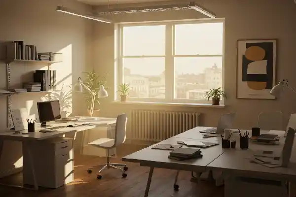 Un espace de travail bien conçu et agencé avec soin, baigné d'une lumière naturelle et chaleureuse, traversant de grandes fenêtres. Bureaux et chaises minimalistes aux lignes épurées, agrémentés de plantes en pot et de subtiles œuvres d'art abstrait aux murs.