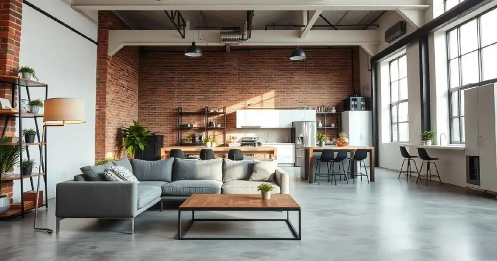 Un loft moderne décoré dans un style industriel contemporain. Au premier plan, un salon minimaliste avec un canapé d'angle gris, une table basse en acier et bois et un grand lampadaire diffusant une lumière chaleureuse