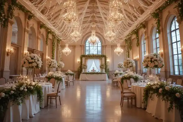 Une salle de réception somptueusement décorée, avec d'élégantes guirlandes lumineuses scintillantes tombant des hauts plafonds, crée une ambiance chaleureuse et accueillante.