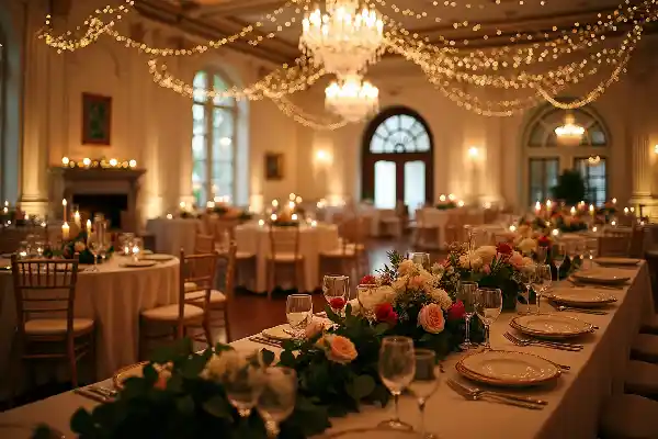 Une salle de réception somptueusement décorée, avec d'élégantes guirlandes lumineuses scintillantes tombant des hauts plafonds, crée une ambiance chaleureuse et accueillante.