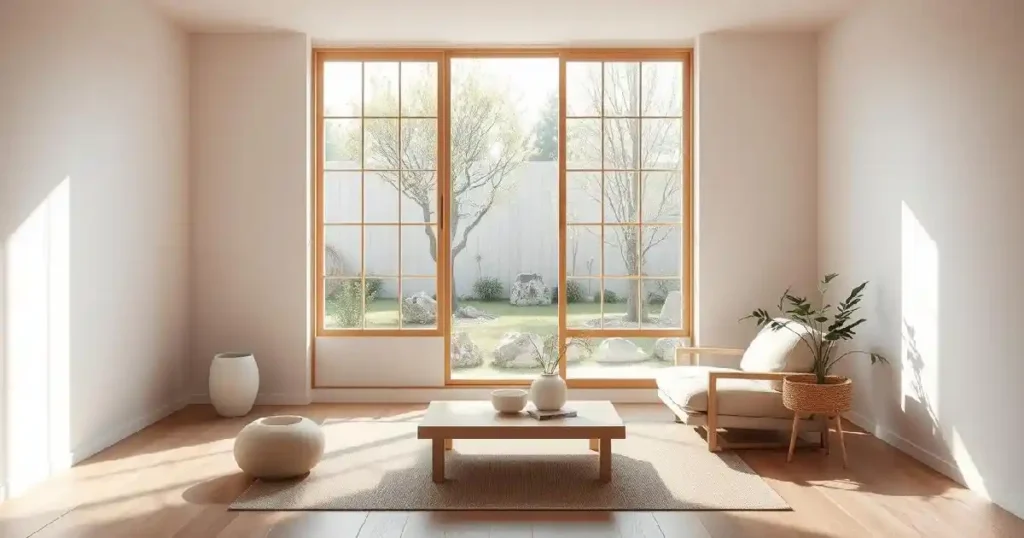 Intérieur minimaliste japonais avec des murs blancs, des sols en bois clair et un mobilier épuré et fonctionnel. Une fenêtre donnant sur un jardin zen crée une atmosphère sereine et apaisante.