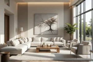 Un salon moderne et chic, au mobilier et à la décoration épurés et minimalistes. Un canapé d'angle moelleux aux tons neutres trône au centre, complété par une table basse en bois et deux fauteuils élégants. Les murs sont ornés d'une grande œuvre d'art abstraite, diffusant une lumière chaleureuse et ambiante grâce à un éclairage discret. Une douce lumière naturelle filtre à travers de grandes baies vitrées, illuminant l'espace et créant une impression d'ouverture. Des touches de goût, comme une plante en pot et une lampe métallique haut de gamme, ajoutent profondeur et sophistication à la pièce. L'atmosphère générale est d'une élégante simplicité, mettant en valeur un mélange harmonieux d'éléments de design moderne.