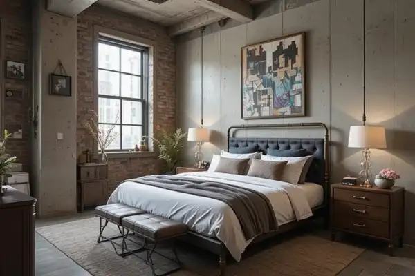 Chambre de style industriel avec mur en briques apparentes, grande fenêtre, tête de lit capitonnée bleue, literie blanche, suspensions, tables d'appoint en bois et œuvres d'art abstraites sur le mur.