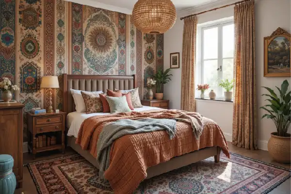 Chambre décorée dans un style bohème chic avec des motifs ethniques, des couleurs chaudes, des textiles superposés et des plantes vertes.