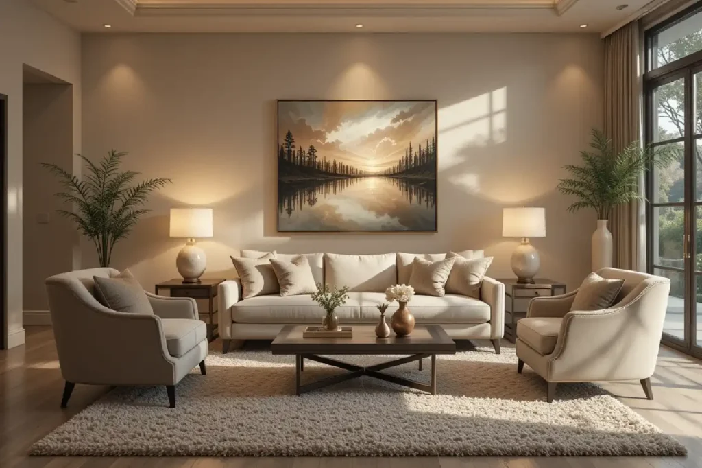 Un salon chaleureux baigné d'une lumière douce et chaleureuse, où un agencement soigné de meubles, d'œuvres d'art et d'éléments décoratifs crée une atmosphère harmonieuse et chaleureuse.