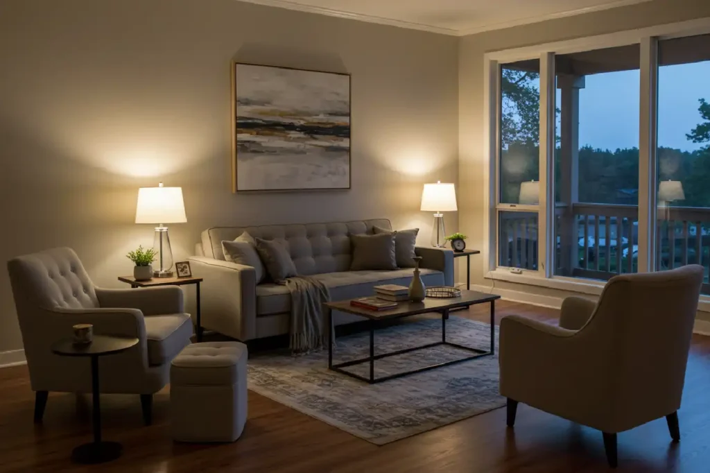 Un salon chaleureux baigné d'une lumière douce et chaleureuse, où un agencement soigné de meubles, d'œuvres d'art et d'éléments décoratifs crée une atmosphère harmonieuse et chaleureuse.