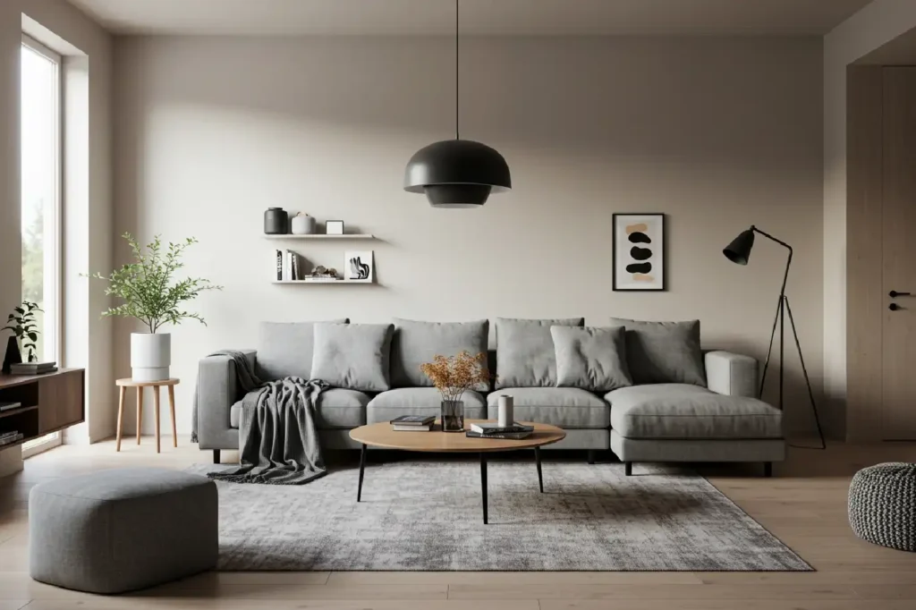 Un salon moderne au mobilier épuré et minimaliste dégage une atmosphère chaleureuse et accueillante.