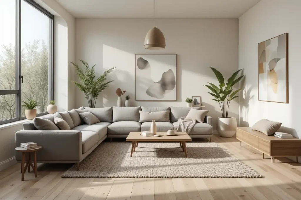 Un salon moderne au mobilier épuré et minimaliste dégage une atmosphère chaleureuse et accueillante.