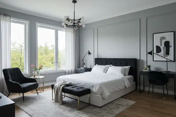 Chambre moderne avec murs gris, grandes fenêtres donnant sur les arbres, tête de lit noire, literie blanche, luminaire moderne noir et laiton, coin bureau, chaise d'appoint et décoration minimaliste.