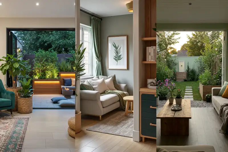 Un intérieur moderne et chaleureux avec un salon lumineux s'ouvrant sur un jardin verdoyant et un espace extérieur confortable.