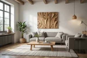 Salon lumineux avec une table basse et une suspension murale en bois flotté, illustrant une déco bois flotté naturelle et économique.