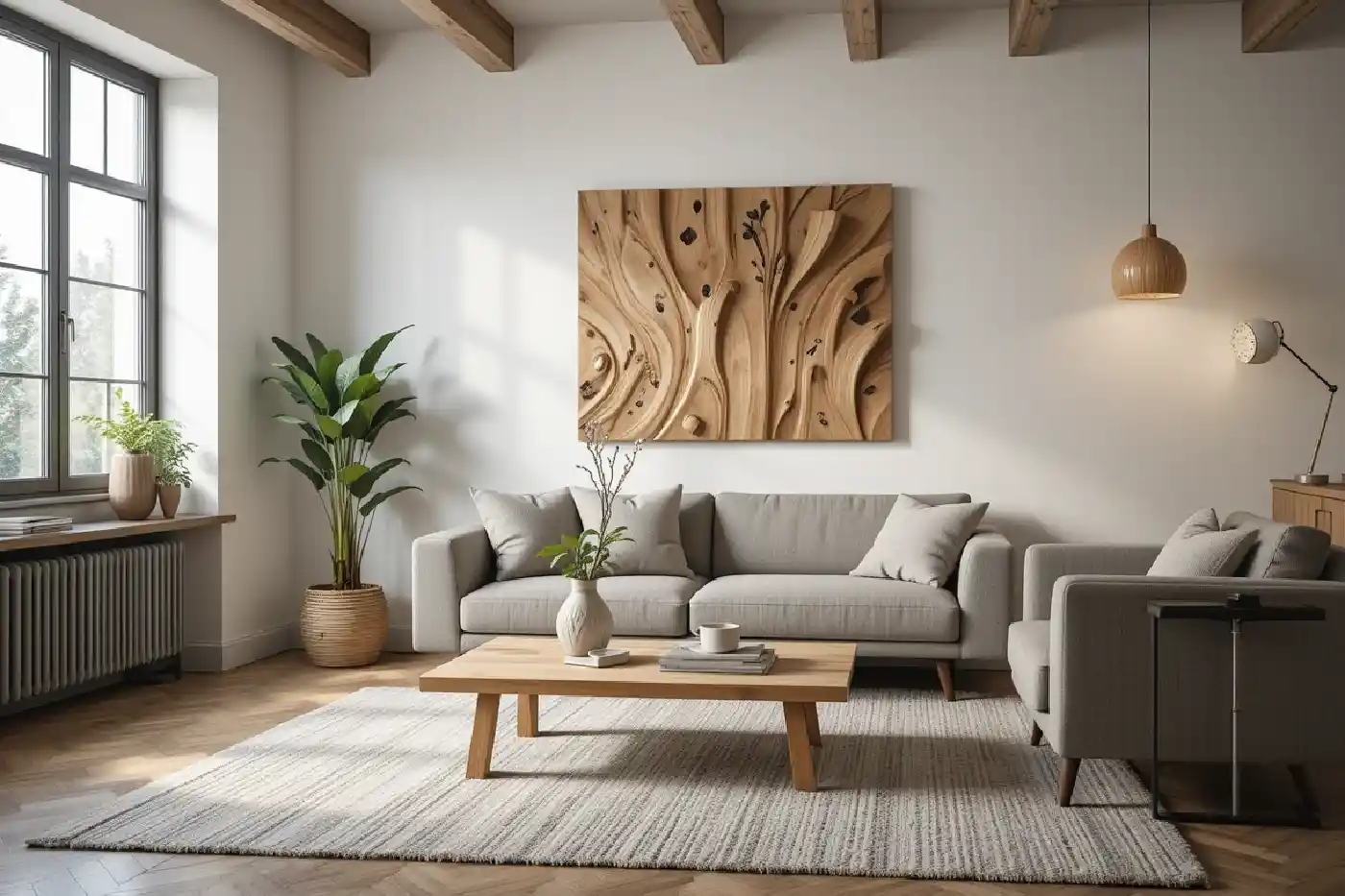 Salon lumineux avec une table basse et une suspension murale en bois flotté, illustrant une déco bois flotté naturelle et économique.