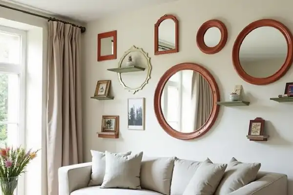 Mur décoré avec cadres colorés, miroirs ronds et étagères murales.