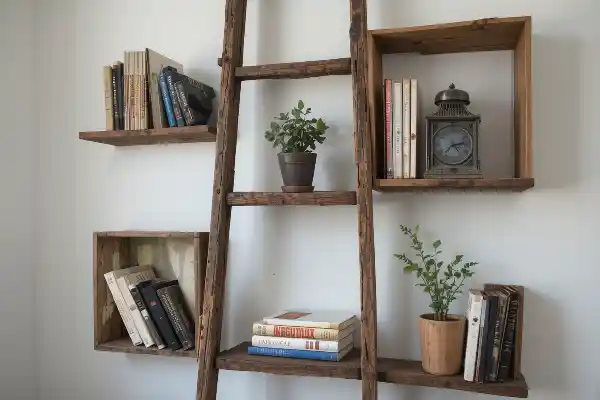 Vieille échelle en bois transformée en bibliothèque pour une déco débrouille unique et économique