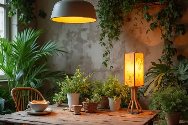 Un coin détente chaleureux avec une table en bois entourée de plantes vertes, éclairée par une lampe suspendue et une lampe de table douce.