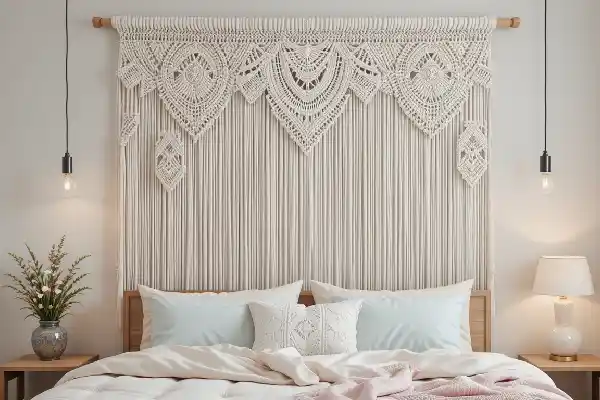 Macramé mural blanc suspendu au-dessus d’un lit pour une décoration murale chambre douce et bohème.