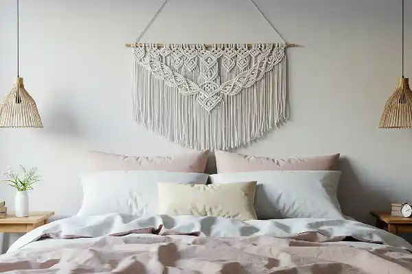 Macramé mural blanc suspendu au-dessus d’un lit pour une décoration murale chambre douce et bohème.