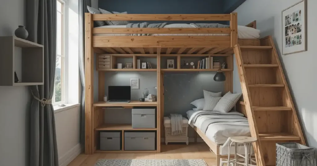 Chambre avec lit mezzanine et rangement astucieux