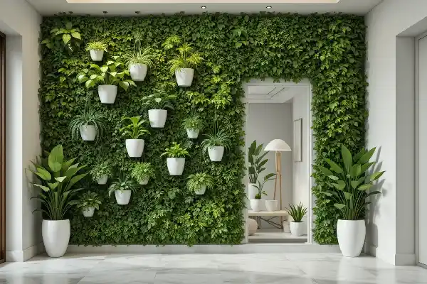 Mur végétal avec plantes suspendues pour une décoration murale originale dans une entrée moderne.