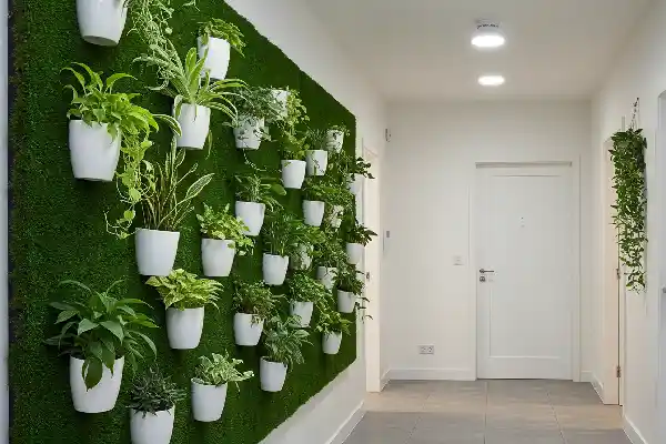 Mur végétal avec plantes suspendues pour une décoration murale originale dans une entrée moderne.
