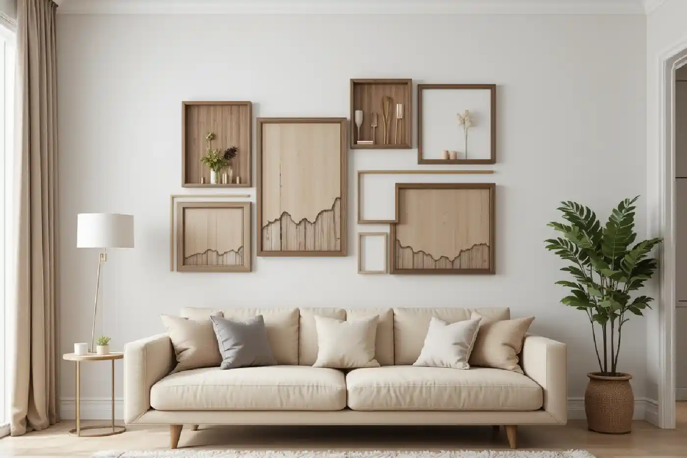 Mur de cadres élégants en bois et métal pour une décoration murale moderne dans un salon lumineux.