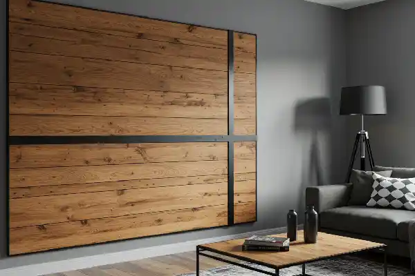 Panneau mural en bois brut et métal noir pour une décoration murale industrielle dans un salon.