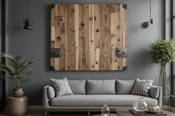 Panneau mural en bois brut et métal noir pour une décoration murale industrielle dans un salon.