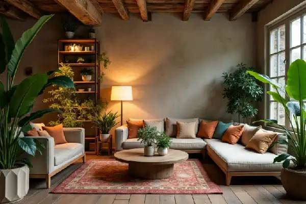 Plantes vertes et lampes design créant un intérieur chaleureux.