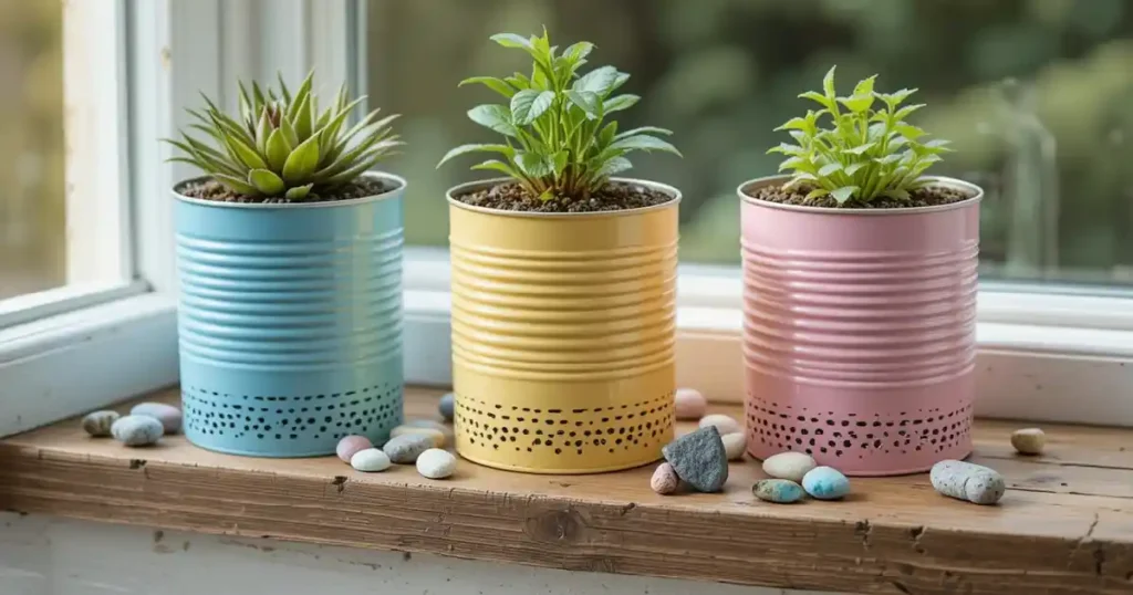 Pots de fleurs recyclés avec des boîtes de conserve pour une déco DIY à petit budget