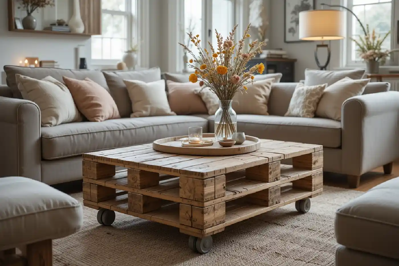 Table basse en palette en bois dans un salon cosy, exemple de déco débrouille économique et écolo