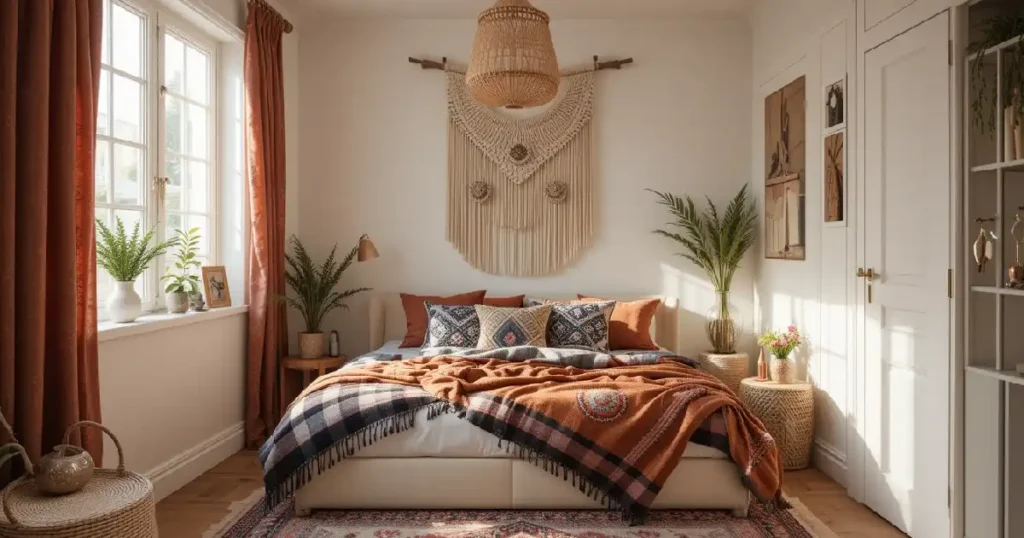 Chambre bohème avec textiles colorés et décoration murale