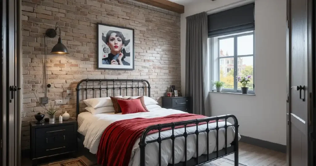 Chambre style industriel avec lampe métallique et murs bruts