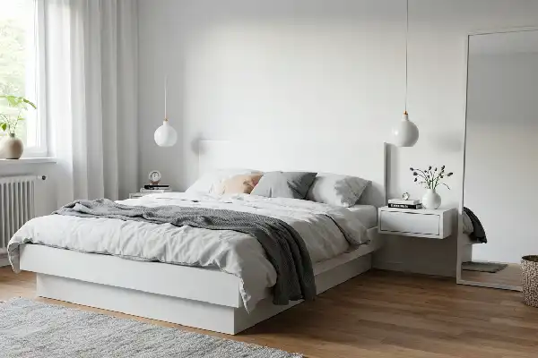 Chambre minimaliste avec lit bas et décoration épurée
