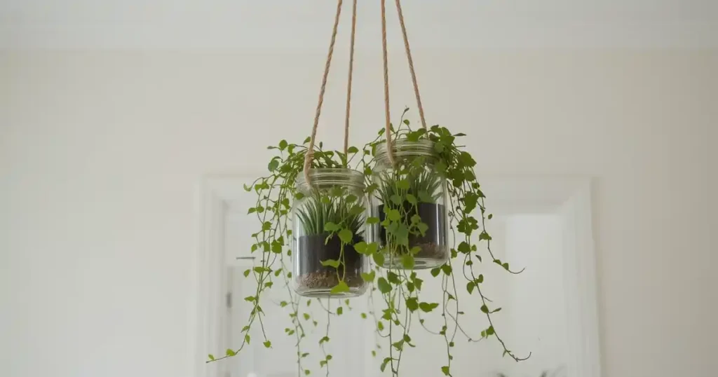 Suspension végétale réalisée avec des bocaux et cordes recyclés pour une déco écolo et pas chère