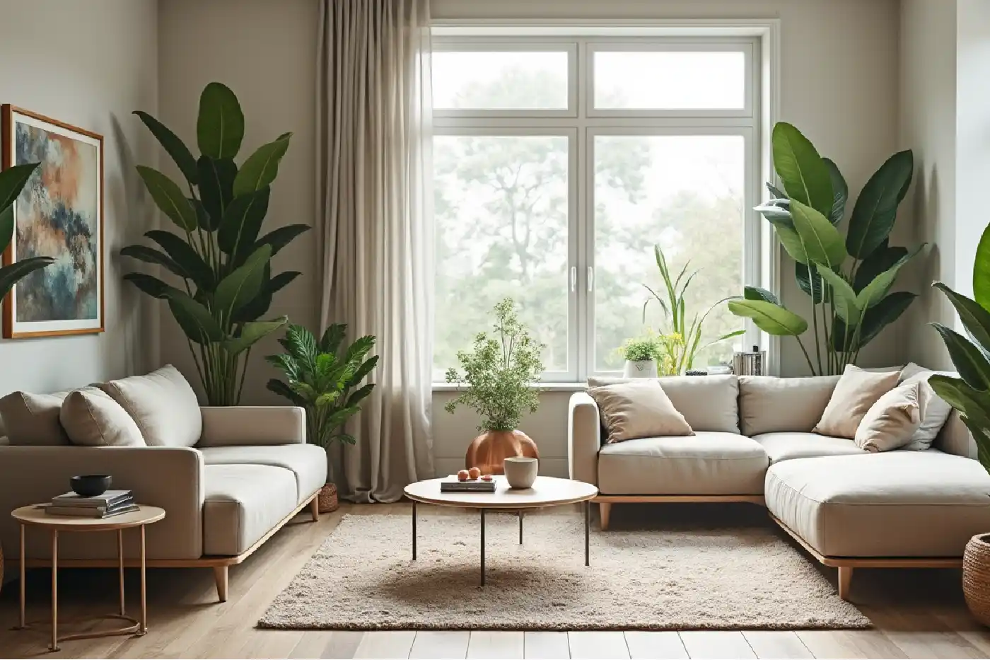 Intérieur moderne et chaleureux illustrant le monde de la décoration avec mobilier design, plantes et accessoires naturels.