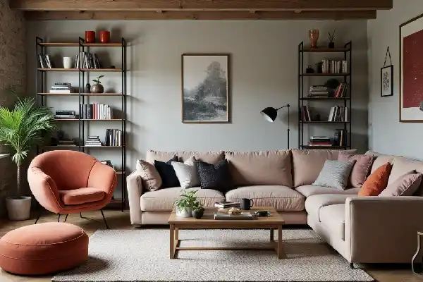 Salon moderne mêlant style scandinave et industriel avec mobilier design et accessoires déco.