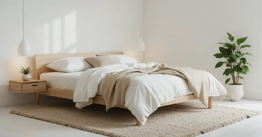 Chambre minimaliste 2025 avec lit en bois clair, linge en lin beige, lampe de chevet céramique et plante d’intérieur sur fond blanc.