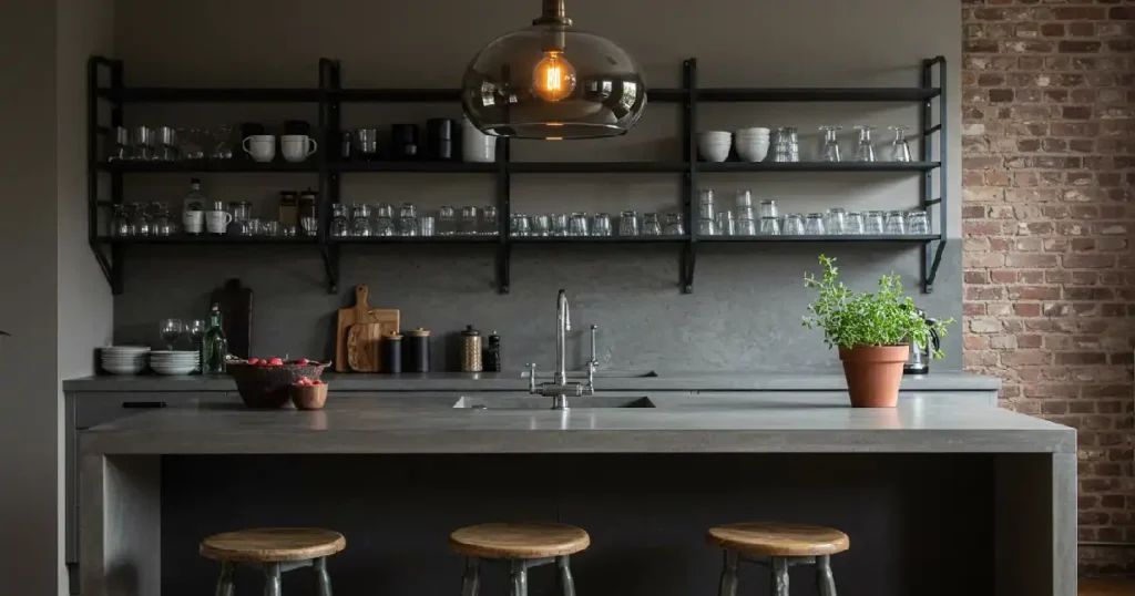 Cuisine industrielle 2025 avec plan de travail en béton, étagères métalliques, suspension en verre fumé et mur de briques, pour une déco moderne.