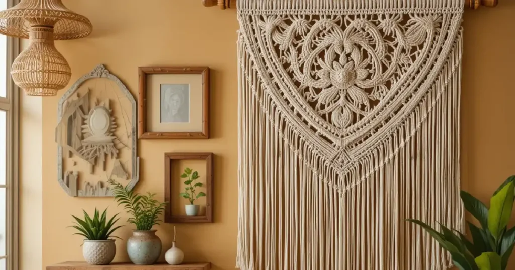 Mur d’accent boho chic dans un salon avec tapisserie en macramé, cadres vintage et plantes, sur fond ocre pour une déco 2025.