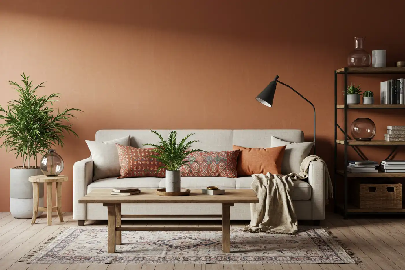 Salon moderne 2025 avec éléments boho chic, minimalistes et industriels, incluant un canapé beige, des coussins colorés, une lampe sculpturale et des plantes d’intérieur.